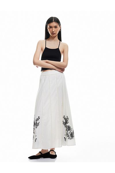 Koton Cotton Lined Long Flared Skirt with Embroidery Detail