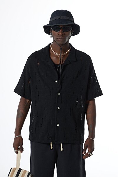 VAMOSCLO Πλεκτό πουκάμισο με oversized τρύπες μαύρο