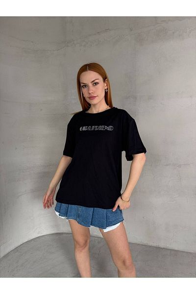 Cappmoda T-900 Black Girlfriend Text Embroidered Crew Neck Half Sleeve T-Shirt