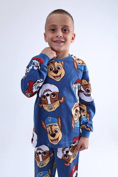 Pajama Shop Boys' 100% Cotton Blue Color Puppies Patterned Long Sleeve Winter Pajama Set