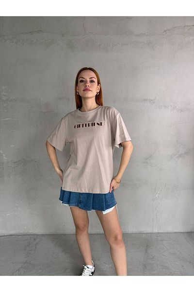 Cappmoda T-900 Stone Color Girlfriend Text Embroidered Crew Neck Half Sleeve T-Shirt