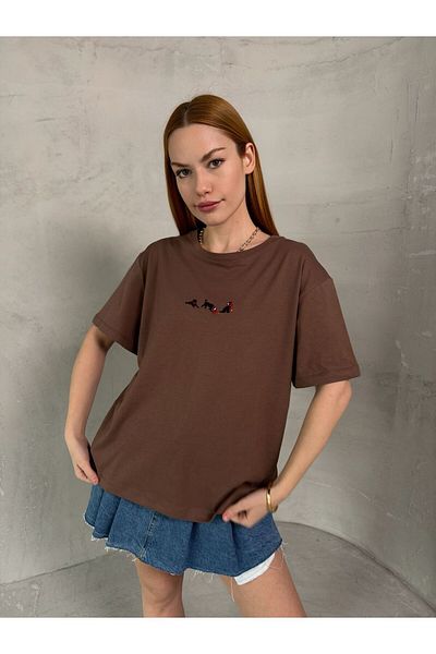 Cappmoda T-912 Brown Dog Embroidery Embroidered Crew Neck T-Shirt