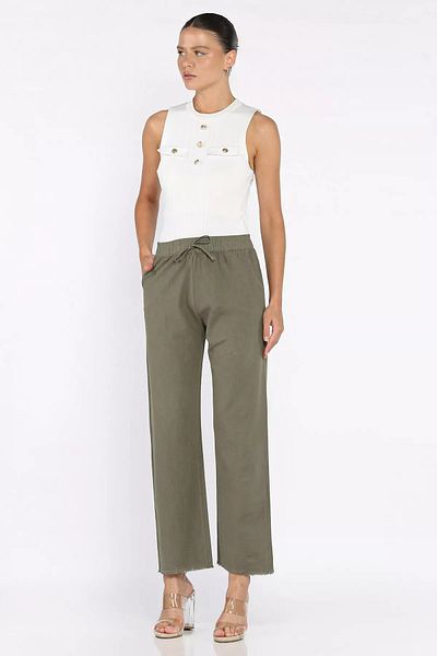 GÜLSELİ Khaki Elastic Waist Tassel Women's Linen Pants