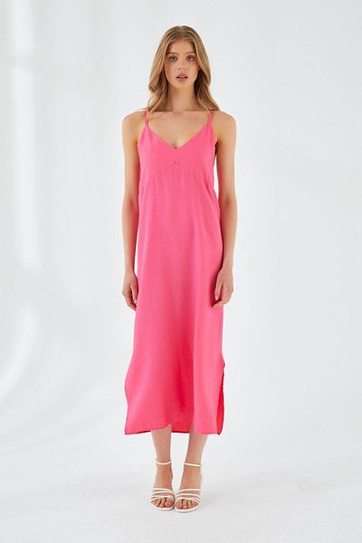 Mixray 4252 Women's Rope Strap V-Neck Dress Fuchsia