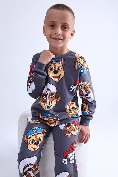 Pajama Shop Boys' 100% Cotton Anthracite Gray Puppies Patterned Long Sleeve Winter Pajama Set