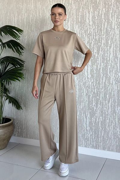GÜLSELİ Beige Women's Grass Palazzo Trousers T-Shirt Double Set