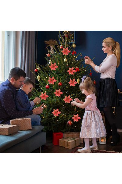 Awonlate Set of 12 Awonlate Christmas tree flowers, fabric, red/gold, 13 cm