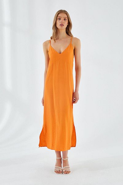 Mixray 4252 Women's Rope Strap V-Neck Dress Orange