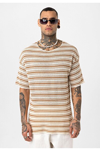 VAMOSCLO Ριγέ oversized Πλεκτό Μπλουζάκι Camel