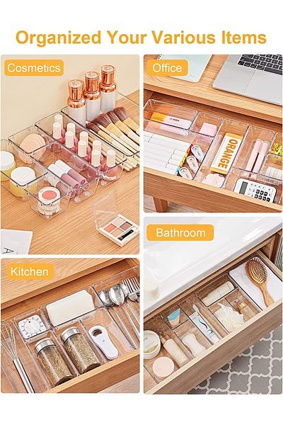 COOYA 28pc Drawer Organizers with Non-Slip Silicone Pads,5-Size Desk Drawer Organizer Trays Storage Tray