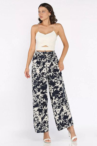 GÜLSELİ Dark Navy Blue Women's Viscose Walking Pants with Elastic Waist and Wide Legs