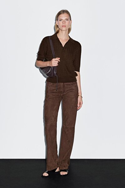 Massimo Dutti Yün karışımlı saç örgülü polo yaka t-shirt