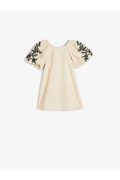 Koton Embroidery Detailed Boat Neck Short Sleeve Cotton Dress