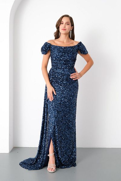 Lafaba Women's Navy Blue Sequin Embroidered Long Evening Dress