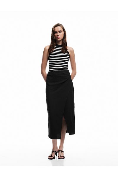 Koton Linen Blend Drape Detailed Slit Asymmetrical Midi Double Breasted Skirt