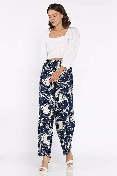 GÜLSELİ Navy Blue Patterned Waist Elastic Viscose Walking Pants