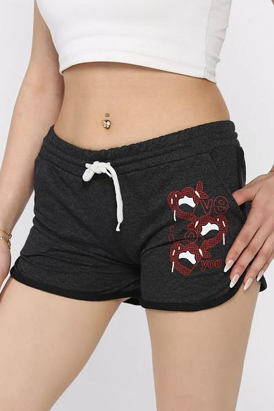 GÜLSELİ Anthracite Printed Women's Mini Shorts