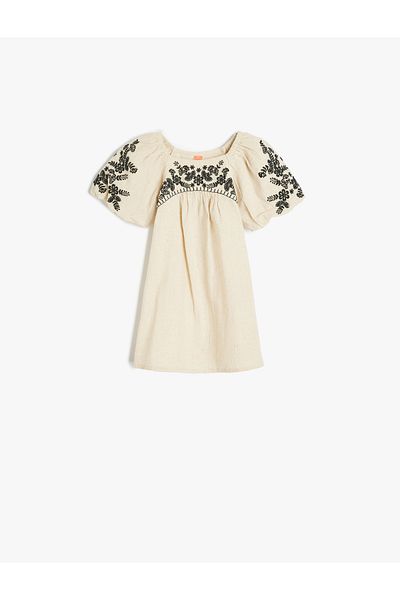 Koton Embroidery Detailed Boat Neck Short Sleeve Cotton Dress