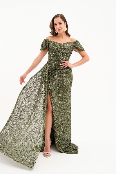 Lafaba Women's Khaki Sequin Sequin Embroidered Long Evening Dress