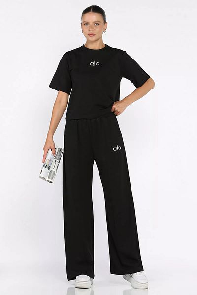 GÜLSELİ Black Women's Grass Palazzo Trousers T-Shirt Double Set