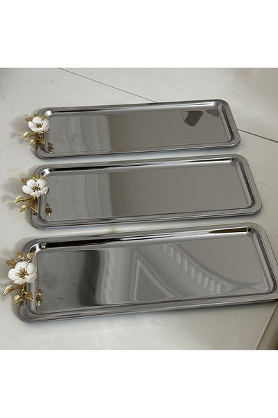 SEVA ÇELİK Steel Rectangular Model 6 Pieces Presentation Tabs with White Chamomile