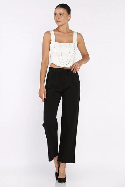 GÜLSELİ Black Women's Linen Trousers with Elastic Waist and Tassels