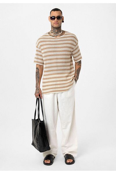 VAMOSCLO Striped Oversize Knitwear T-Shirt Camel