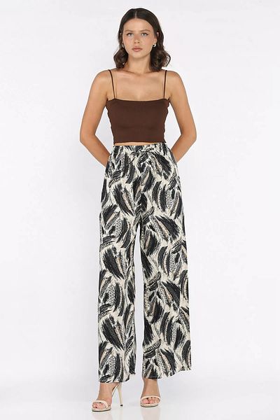 GÜLSELİ Black Women's Patterned Waist Elastic Viscose Walking Pants