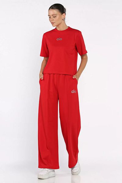 GÜLSELİ Red Women's Grass Palazzo Trousers T-Shirt Double Set