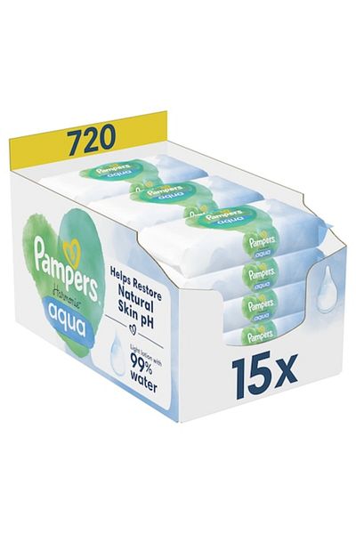Pampers Harmonie Aqua Wet Wipes, 0% Plastic, 15 Packs x 48, 720 Pieces