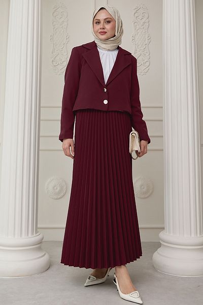 InStyle Burgundy Suit with Two Button Jacket and Pleated Skirt