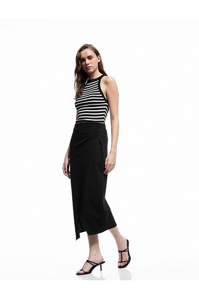 Koton Linen Blend Drape Detailed Slit Asymmetrical Midi Double Breasted Skirt
