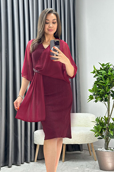 thezkscom Women's Stone Detailed Flywheel Sleeve Silvery Evening Dress Saks, Gray, Green, Burgundy, Black