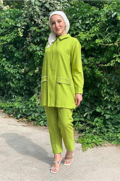 Moda Rosa 25Y3245 - Oil Green - Tunic Pockets Stone Detail Double Set