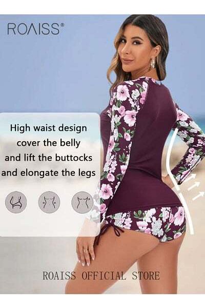 ROAISS Women One Piece Swimsuit with Side Tie Boxer Shorts Beach Suit Women Sun Protection Surfing Wetsuit