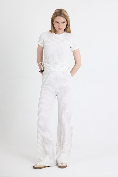 Rays White Wrinkled Textured Drawstring Crop and Wide Leg Pants Set 3001