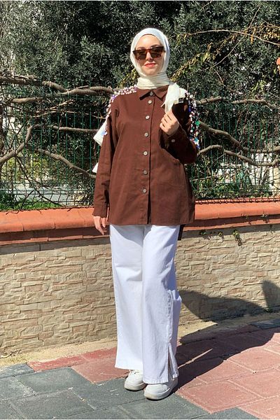 Moda Rosa 25K5365 - Brown - Pul İnci̇ Detail Gabardine Jacket