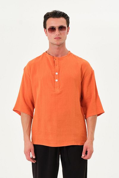 RELAXL 100% Cotton Muslin Oversize Summer Orange Shirt Placket Collar Poor Sleeve