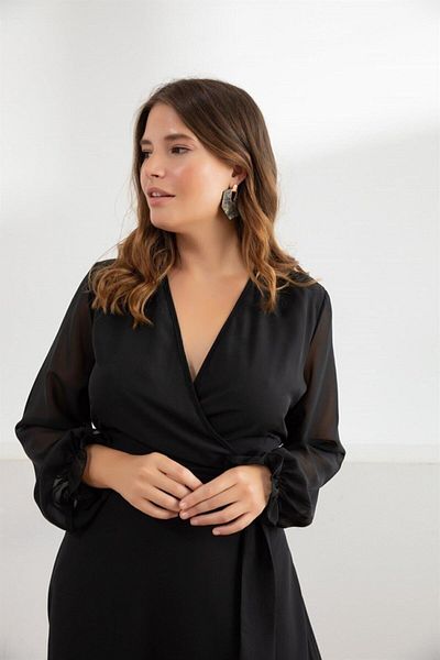 thezkscom Black Double-breasted Collar Plus Size Lined Chiffon Dress