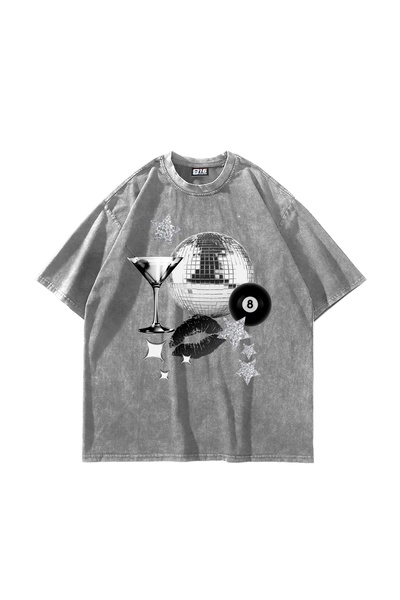 Bak Moda تيشيرت أبيض كبير الحجم مطبوع عليه مارتيني ديسكو للجنسين قابل للغسل