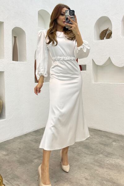 thezkscom Γυναικείο φόρεμα με λευκή ζώνη με μπαλόνι μανίκια μίντι σατέν μεγάλου μεγέθους