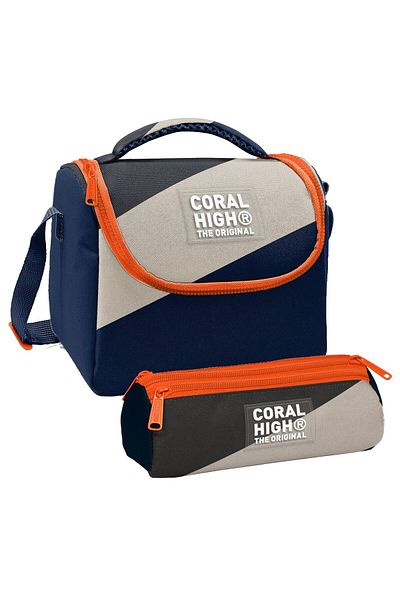 Coral High Boy's Navy Blue Beige Colored Striped Thermo Lunch Box and Three Compartment Pen Bag