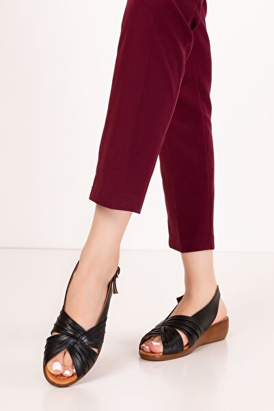 Gondol Hakiki Deri Dolgu Topuklu Rahat Anne Sandalet mlk.5813 Siyah