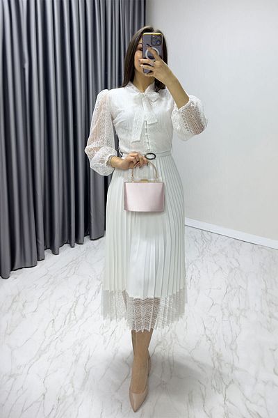 thezkscom White Halter Neck French Guipure Pleated Evening Dress
