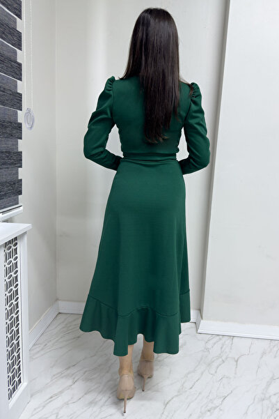 thezkscom Women's Green Long Sleeve Flounced Belted Plus Size Dress