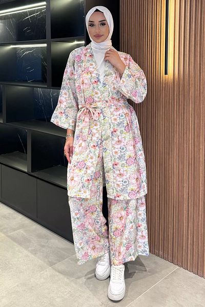 julude Pink Floral Patterned Kimono Trousers Hijab Double Set