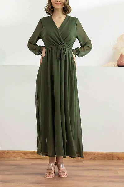 thezkscom Khaki Long Double Breasted Collar Chiffon Dress