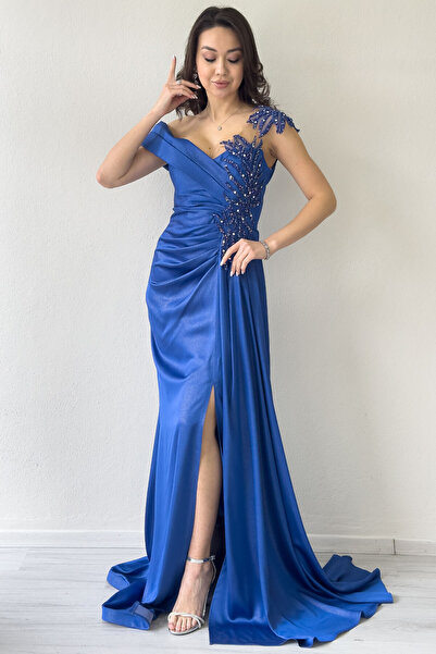 thezkscom Rochie de seară din satin cu șnur brodat cu piatră pentru femei, fucsia, pudra, kaki, saks, verde smarald