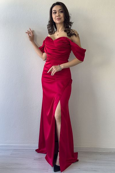 thezkscom Women's Backless Off Shoulder Draped Slit Satin Evening Dress Black, Red, Navy