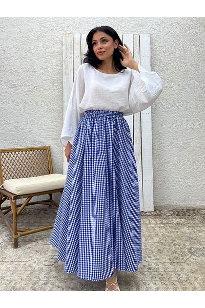 KÜÇÜĞÜM BUTİK Fusta poplin evazată Blue Gingham